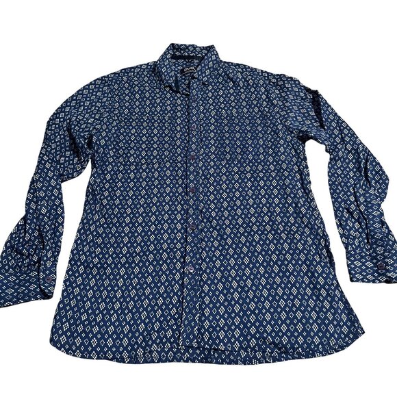 Pudu By Andy Piers Mens Navy & White Geometric Long-Sleeve Button-Up Shirt - Picture 1 of 9